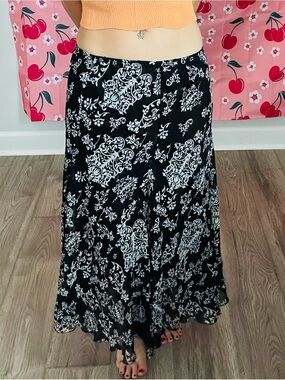 Black & White Floral Maxi Skirt - Women's Flowing A-Line